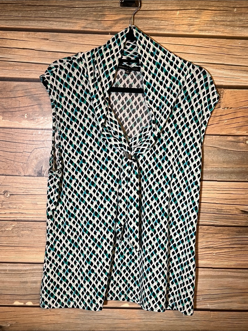 Adrienne Vittadini Teal Black White Sleeveless Tie-Neck Blouse